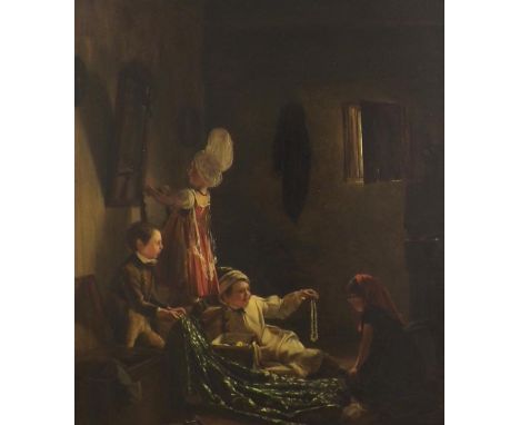 Thomas Webster R.A (1800-1886) - 'Raiding the Wardrobe', children in an interior dressing up, signed, also inscribed on a pla