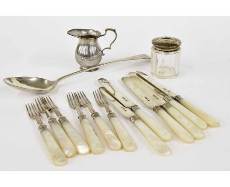 George III silver serving spoon, London 1802, 11.5" long, 2.8oz approx; silver mounted glass dressing table jar and small sil