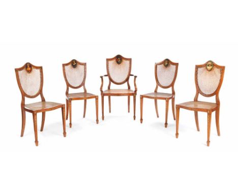 Fine set of five 19th century satinwood chairs in the Hepplewhite style, the bergere shied backs with painted portrait panels