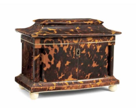 Early Victorian tortoiseshell bowfront tea caddy, with ivory banding and ball feet, the interior with two lidded compartments