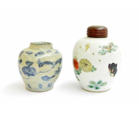 Chinese coloured enamel porcelain ginger jar, 5" high, together with a provincial blue and white ovoid vase, 4" high (2)