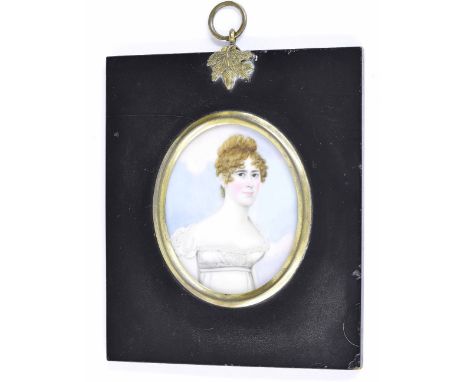 Frederick Buck (1771-1840) - oval portrait of a lady in white dress, 2.65" x 2.20", ebonised frame