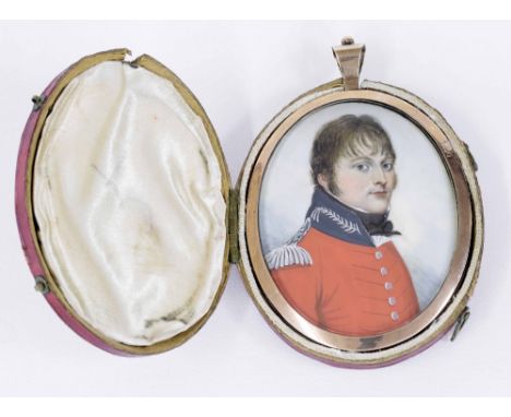 Frederick Buck (1771-1840) - oval portrait of an officer, enamel and hairwork reverse within a gold mounted frame, 3.15" x 2.