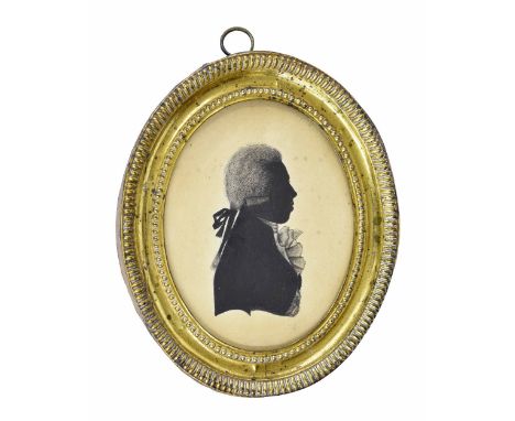 Silhouettes (19th century) - oval portrait profile of a gentleman, with a pressed gilt metal applied frame, 4.75" x 4" overal