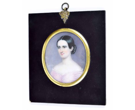Miniature School (19th century) - oval portrait of a lady in a pink dress, titled verso 'Great Aunt Rebecca', 3.15" x 2.75", 