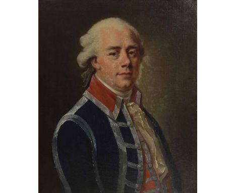 English School (18th century) - portrait of a gentleman half length wearing a blue coat and red waistcoat with silver coloure