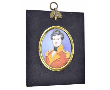 Miniature School (19th century) - oval portrait of an officer, 3.5" x 2.75", within an ebonised and brass frame decorated wit