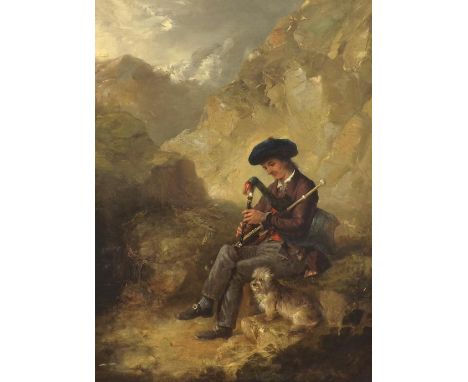 Attributed to Edward Robert Smyth (1810-1899) - boy seated on rocks playing bagpipes, a dog by his side, inscribed on a plaqu