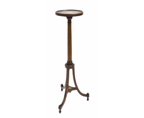 Edwardian mahogany inlaid torchere, the circular moulded top with a paterae upon a cylindrical tapered column and tripod curv