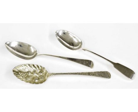George III silver engraved serving spoon, the bowl repousse with fruit, maker TB (probably Thomas Wilkes Barker), London 1809