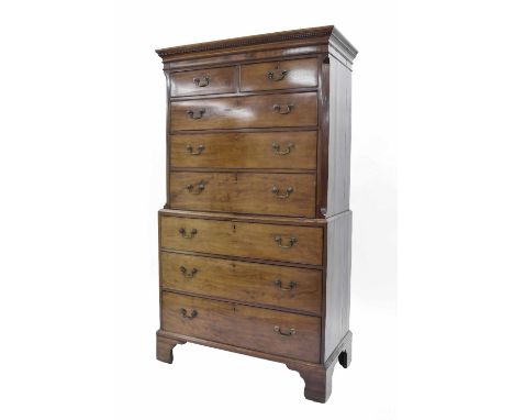 Good George III mahogany chest on chest, the carved dentil cornice over fluted canted pilasters, with two short over six grad