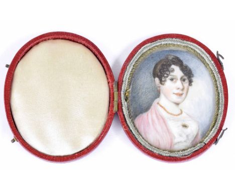 Miniature School - oval portrait of a lady, on ivory within a Morocco leather case, 70mm x 58mm