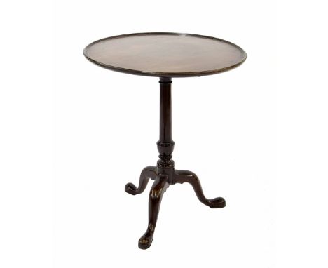 George III mahogany tray top tripod table, supported upon a gun barrel column and triple curving legs, 23" diameter