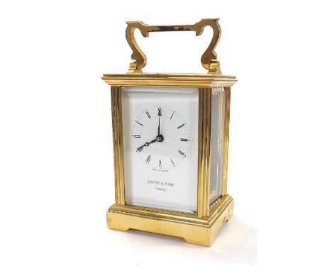 Mappin and Webb brass cased carriage clock timepiece, presentation plaque, 5.75'' high including handle (8)