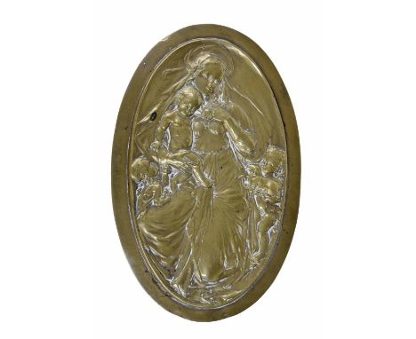 Bromsgrove Guild - oval relief gilded plaque depicting the Madonna and Child, stamped marks, 5" x 3.25"