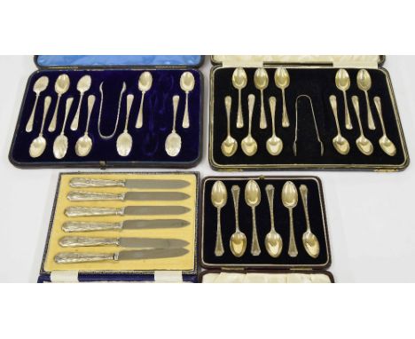 Elkington & Co cased set of silver teaspoons and sugar tongs (one spoon missing); together with another cased set of silver t
