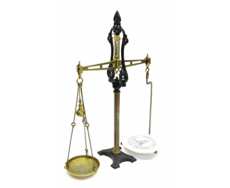 19th century iron and brass balance scales, by Parnall & Sons, Bristol, the plate also labelled 'Bartlett & Son, Welsh Back, 