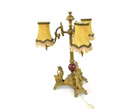 Decorative gilt spelter trefoil table lamp, with triple sconces upon a fluted column and trefoil base modelled with semi-nake