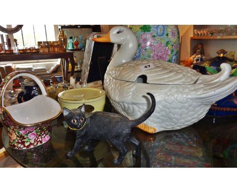 Art Deco Fielding's biscuit barrel (A/F), duck soup tureen with ladle, large Chinese style floral vase, etc.