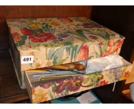 Fabric covered craft box with compartments and drawer containing old rug making tools and lacy Edwardian underwear!