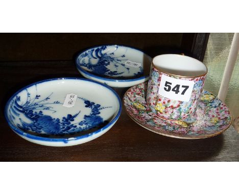 A pair of antique Chinese blue and white painted porcelain bowls with 4 character marks under, and a Chinese Millefleur patte