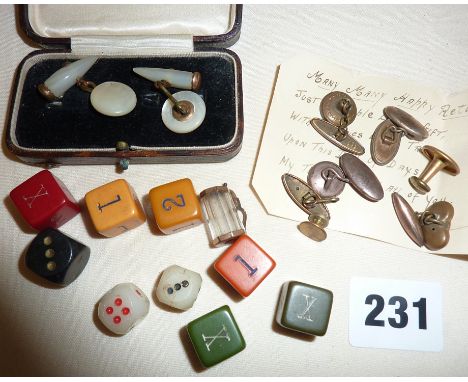 Men's studs and cufflinks, bakelite dice, miniature glass tankard, etc.