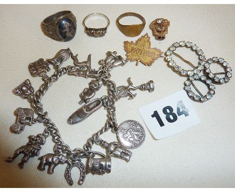 Vintage charm bracelet with some silver charms, silver rings inc. an ornate gents Niello signet ring