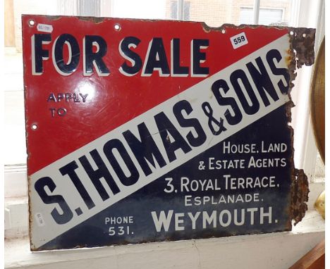 Old enamel estate agents sign - S. Thomas &amp; Sons of Weymouth