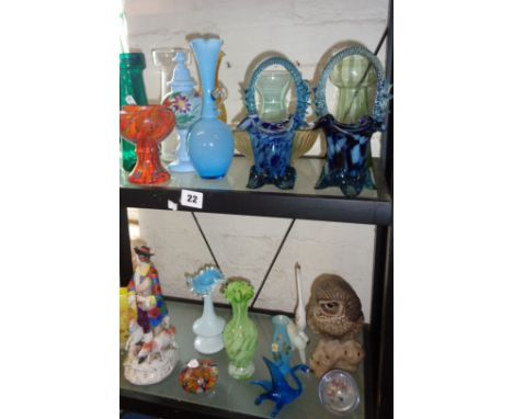 Two shelves inc. coloured glassware, hyacinth vases and Poole Pottery stoneware owl