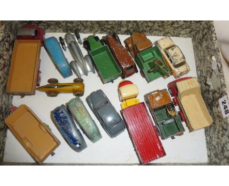 Dinky diecast vehicles inc. early yellow racing car and French Dinky 23d Auto Union racing car, buses, etc.