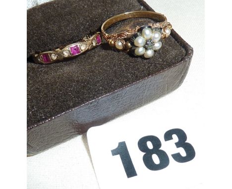 Antique gold ring set with pearls and gold eternity band set with rubies etc. Both untested as to carat. Approx 4g, pearl rin