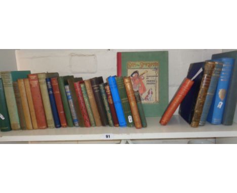 Shelf of hardback books, by Kipling, Belloc, H.G. Wells etc., and a children's book - Sam the Sportsman illustrated by Frank 