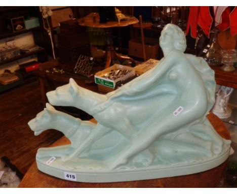 Art Deco Louis Fontinelle ceramic sculpture of a lady with two dogs, 20" x 14" high