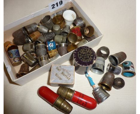 Box of assorted thimbles, inc. enamel, one silver, advertising thread holders, etc.