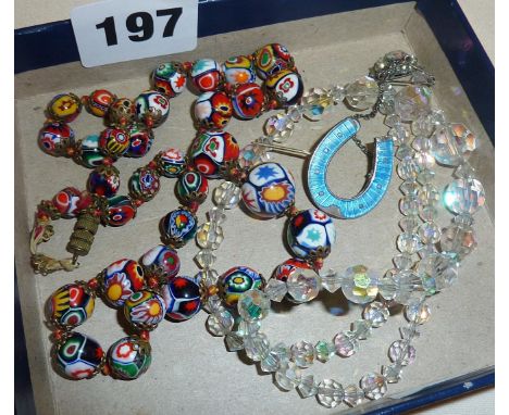 Vintage Italian Millefiore glass beaded necklace, iridescent faceted glass bead necklace and a guilloche enamel silver horses