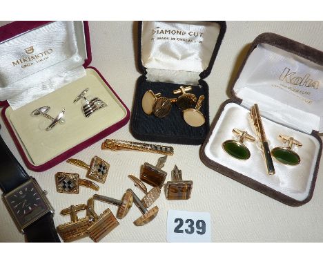 Retro men's 1970s cufflinks, some cased (inc. Mikimoto), and Longines watch