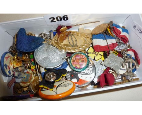 Box of old enamel badges and medallions, and others newer