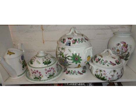 Shelf of Portmeirion Botanic Garden pieces, inc. large soup tureen, watering can, cheese dome, etc.