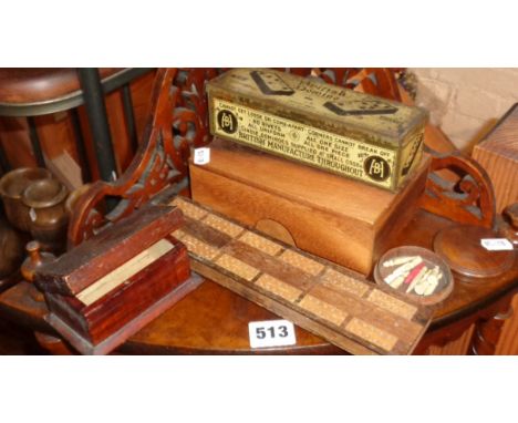 Two boxed sets of old dominoes, cribbage board and bone markers, wooden box