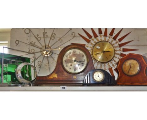 Chrome Art Deco mantle clock (A/F), a mid-century sunburst wall clock, and others