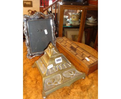 Art Nouveau brass inkstand, cribbage board and a silver plated photo frame