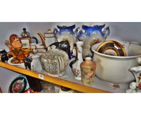 Coffee set, floral vases, owl figures, etc. (shelf of)