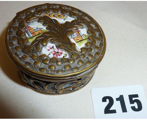 18th c. continental enamel pill box with ornate brass casing