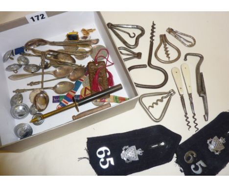Folding corkscrews, police buttons, spoons, coins and a Chelmsford City Football Supporters Club enamel badge