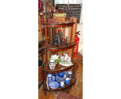 Ornate Victorian walnut four shelf corner whatnot with pierced frieze