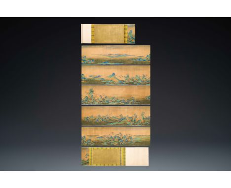 Full title: Chinese school: 'Mountainous landscape', ink and colours on silk, QingDescription:Dim.: 1004 x 39 cm (the scroll)