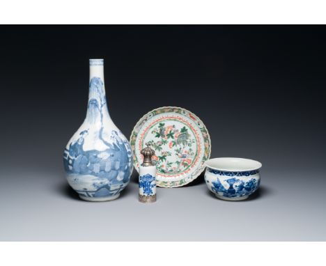 Full title: A Chinese blue and white bottle vase, a censer, a bottle and a famille verte plate, Kangxi and laterDescription:H