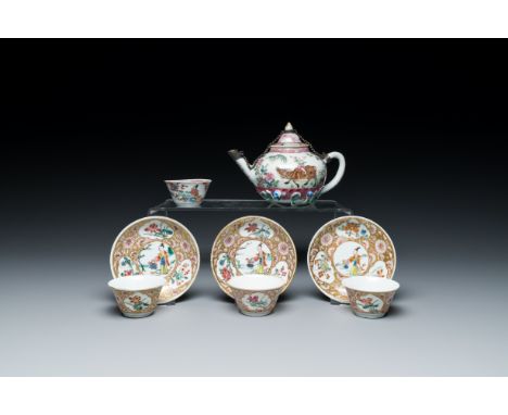 Full title: A Chinese famille rose teapot, four cups and three saucers, YongzhengDescription:L.: 16,5 cm - H.: 11 cm (the tea