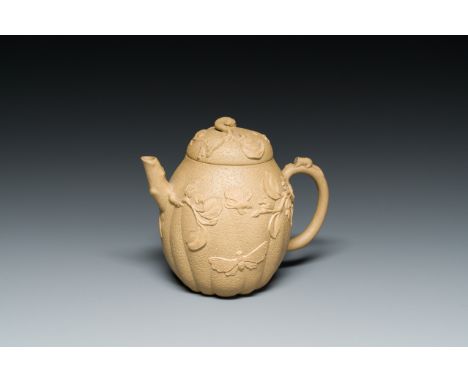 Full title: A Chinese Yixing stoneware teapot and cover with squirrels and butterflies, Chen Janyin é™³å»ºå¯… seal mark, Kang