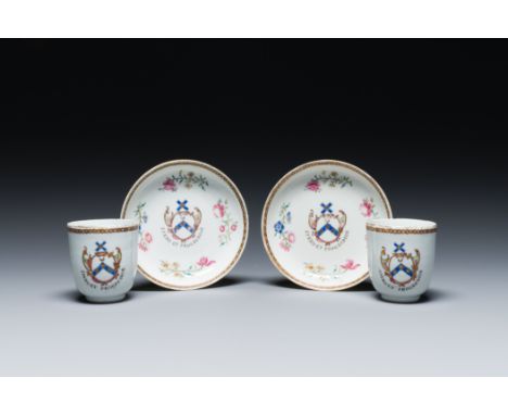 Full title: A pair of Chinese famille rose English market cups and saucers with the arms of Pringle of Whytbank, QianlongDesc